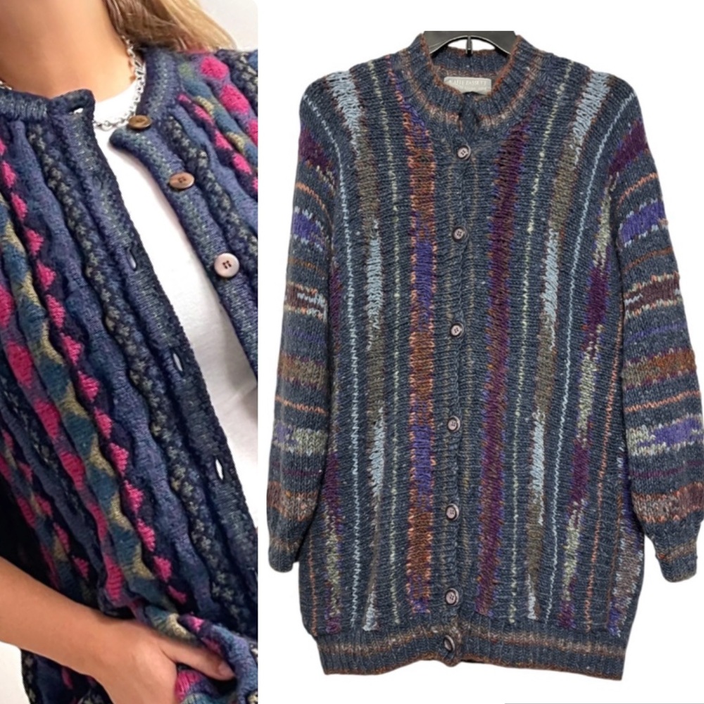 Vintage Wool Sweater Hand Knit Cardigan Kaffe Fassett Rowan Yarn Retro Stripe XL